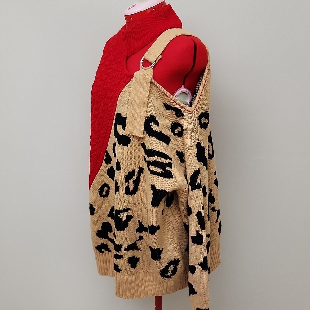Womens Ribbed Cable knit Red and Leopard Print one shoulder Pullover turtleneck - Picture 3 of 9